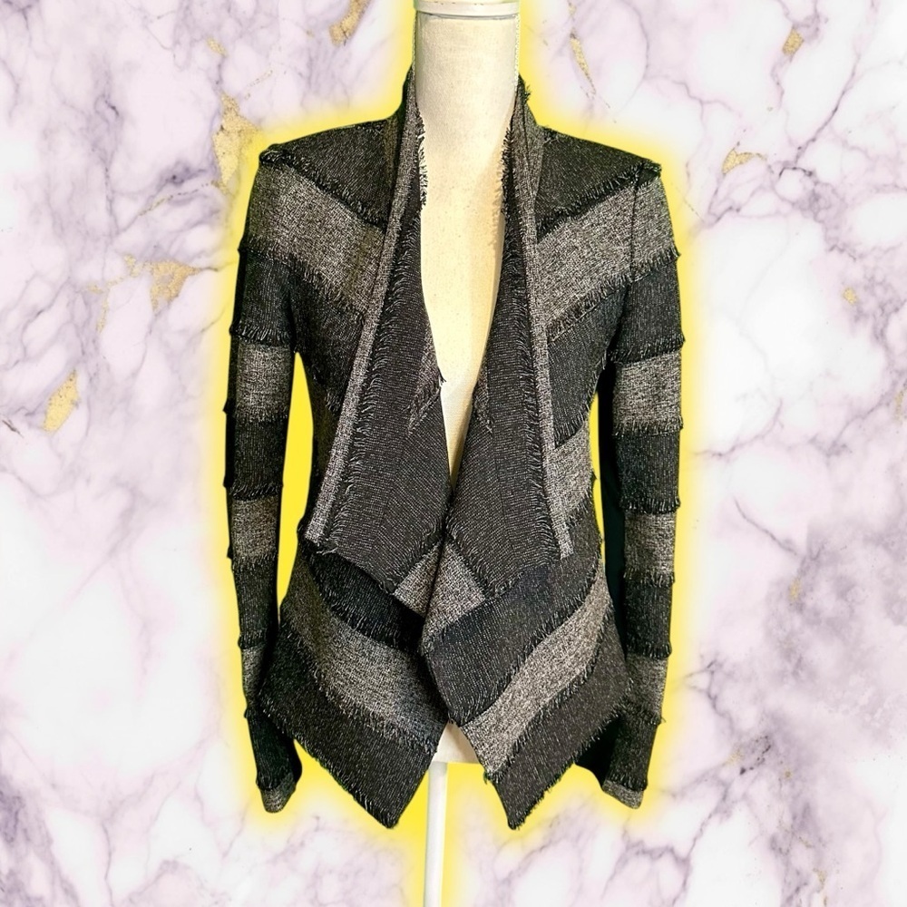 NWOT BCBGMaxAzria ‘Aubree’ Tweed Draped Front Jacket in Black & Gray Stripe XXS
